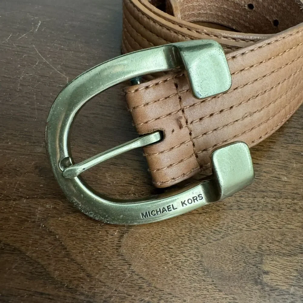 Michael Michael Kors Light Brown Horseshoe Brass Buckle Leather Belt Sz M 553538
